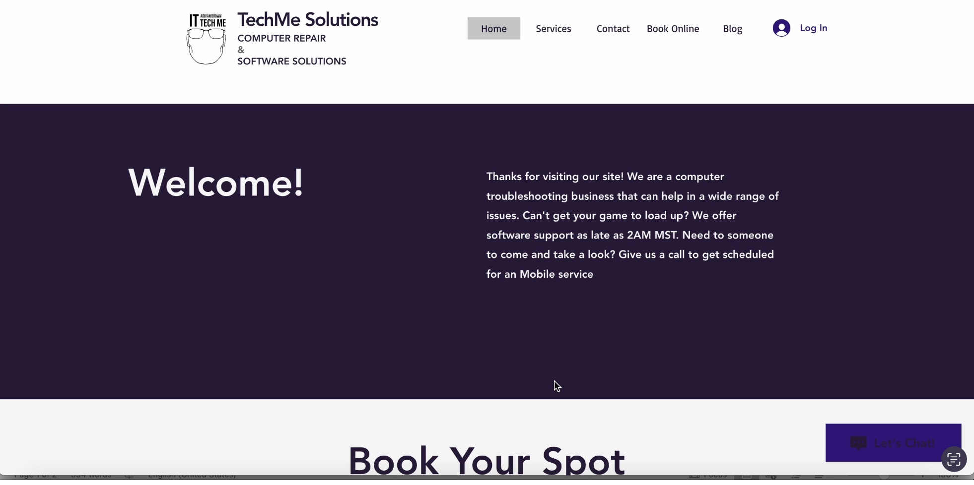 Screenshot of the TechMe Solutions website homepage showcasing the 'Welcome!' section with a brief introduction of computer troubleshooting services and booking options for mobile support.