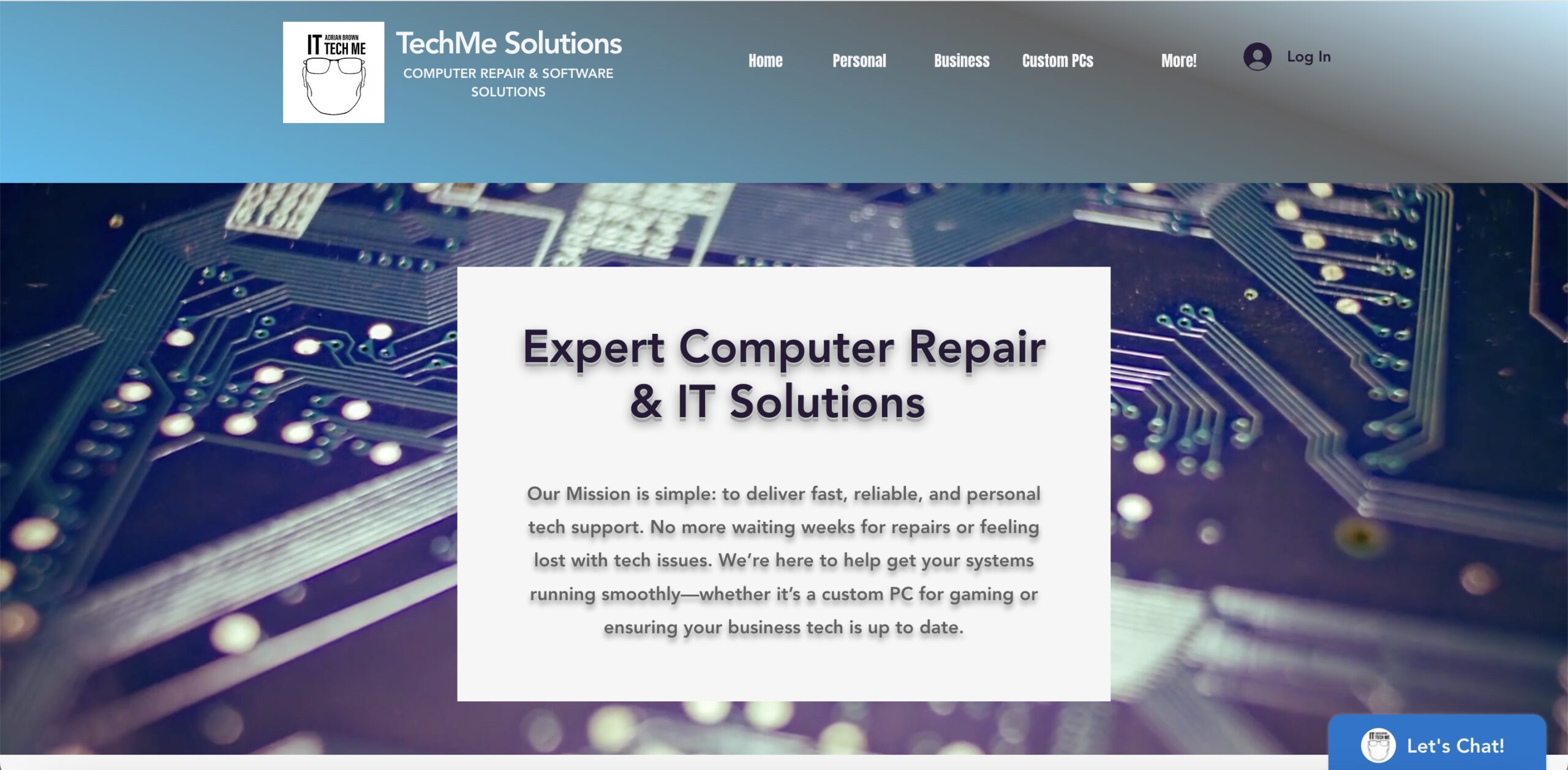 Homepage of TechMe Solutions highlighting 'Expert Computer Repair & IT Solutions' with a mission statement emphasizing fast, reliable, and personalized tech support, displayed over a close-up of intricate computer circuitry.