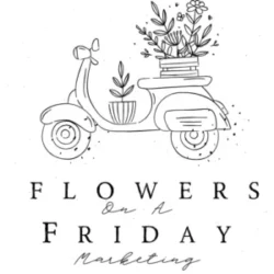 Flowers On A Friday Marketing logo featuring a vintage scooter with flowers and plants in a basket, symbolizing growth and creativity.