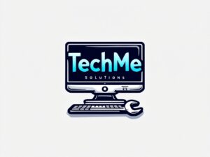 TechMe Solutions logo featuring a sleek blue chat bubble design with the text 'TechMe' in white and 'Solutions' in gray, conveying a modern and tech-savvy identity.